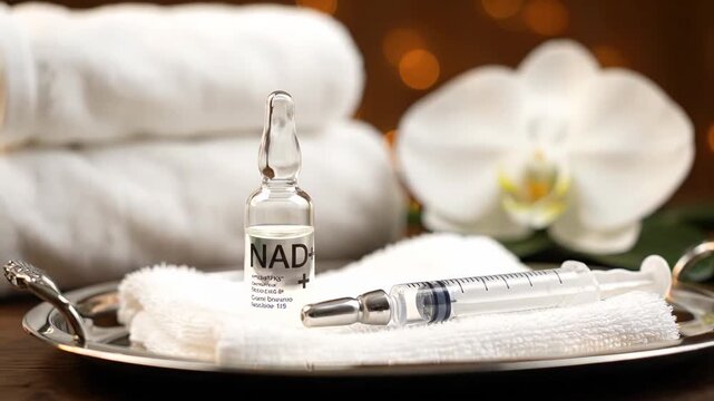 Vial containing Nicotinamide adenine dinucleotide - NAD plus - for intravenous therapy available at a high end spa. Rejuvenating injection for anti aging and cosmetic treatments in a luxurious setting