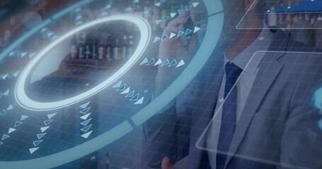 Senior tech exec brushing holographic rim and rotating data wheel while speaking into smartphone - Powered by Adobe