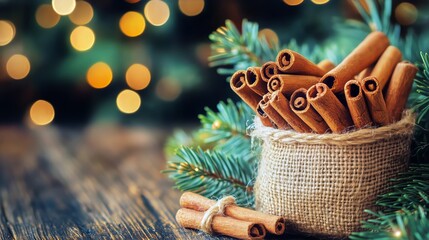 Cinnamon Sticks in Burlap Bags Surrounded by Holiday Decorations in a Cozy Setting.