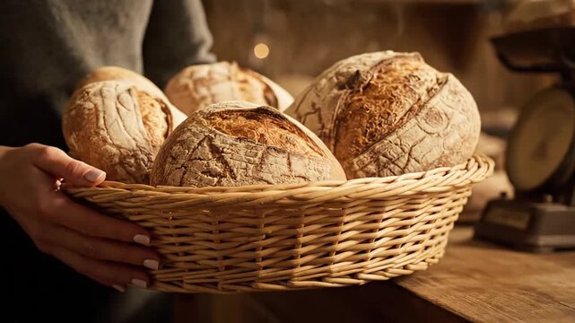 In this image, we see a baker's hands cradling a basket brimming with delicious artisan bread just out of the oven. The cozy bakery in the background creates a warm and inviting atmosphere