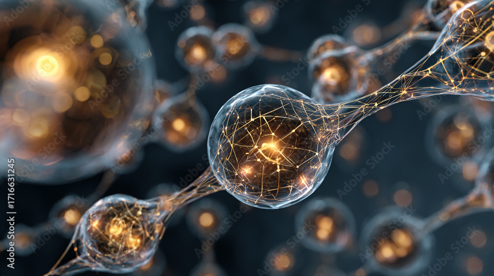 Poster intricate network of glowing orbs interconnected forming a complex structure