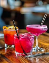 Colorful Cocktails in Stylish Glasses Displayed on a Wooden Table at a Vibrant Bar.