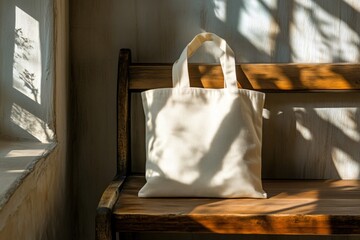White tote bag sits on a wooden bench with sunlight and shadows.