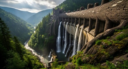 Majestic dam in a lush green valley with cascading waterfalls and intricate design showcases power