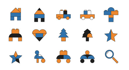 Colorful Geometric Icons Collection Featuring Various Shapes and Designs in Flat Style.