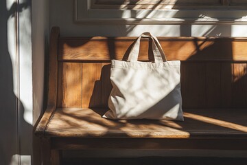 A tote bag rests on a wooden bench with sunlight streaming through a window.