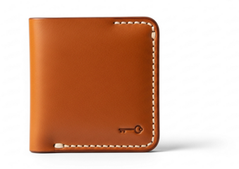 Elegant brown leather bifold wallet with prominent white stitching and embossed key logo.
