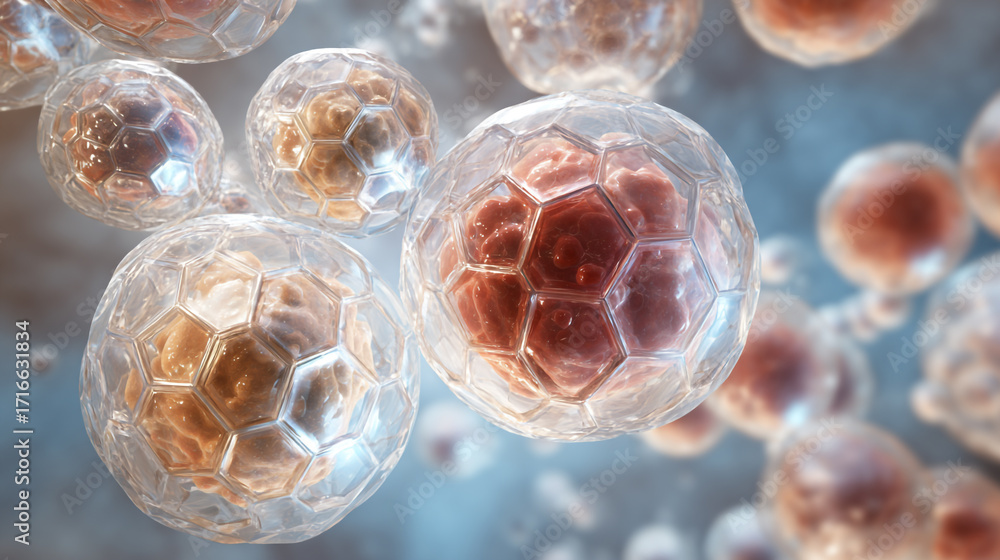 Aufkleber microscopic view of translucent spheres with hexagonal patterns containing inner material of varying