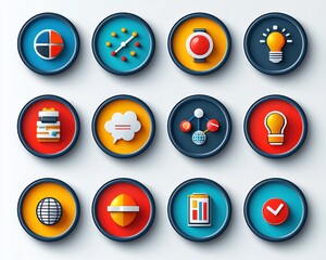 Colorful graphic icons in circular frames, suggesting various business concepts