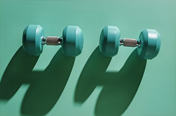 Weights Sit on a Green Background Casting Shadows in Bright Light