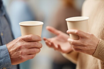 Two colleagues engage in a business discussion over coffee fostering collaboration in a vibrant office setting.