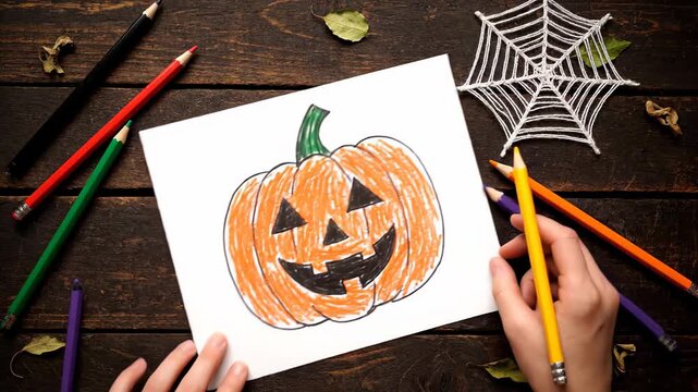 Top down perspective of hands decorating an orange pumpkin on a rustic wooden surface. Fun and festive craft for a Halloween party featuring spooky spider web decorations