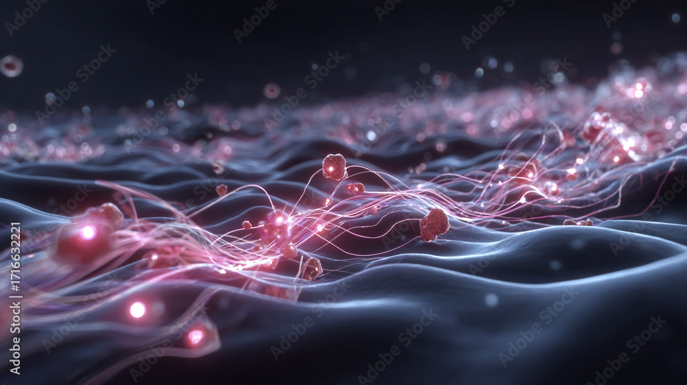 Poster pink glowing particles floating on a dark wavy surface connected by thin glowing lines creating an a