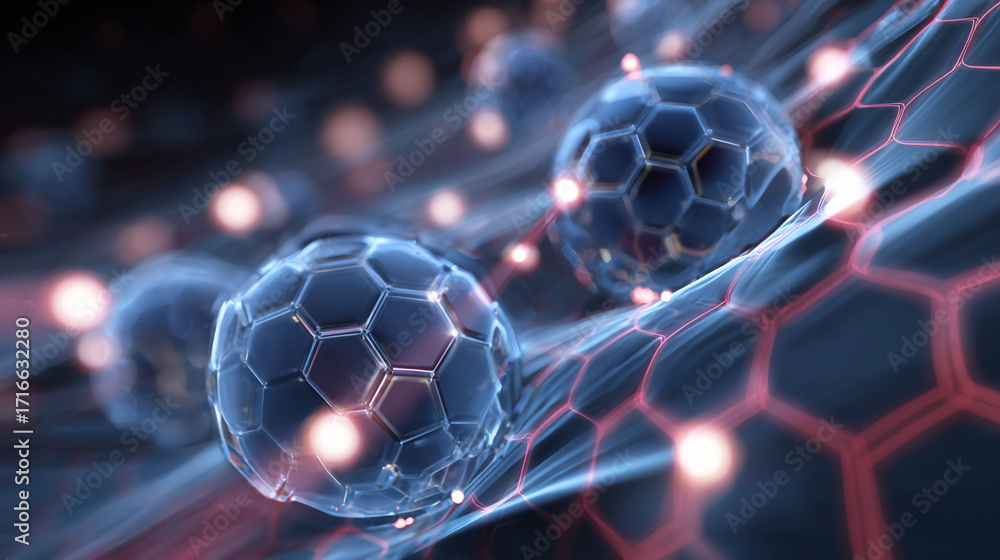 Poster futuristic soccer balls roll across a glowing hexagonal network abstract design