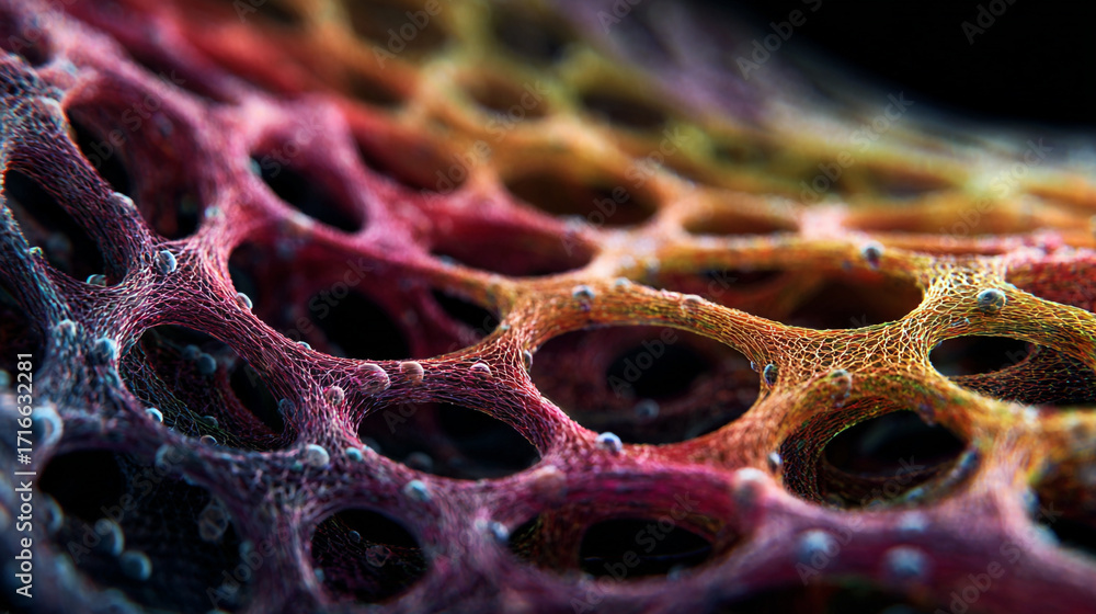 Poster abstract colorful network structure with holes and spheres intricate design