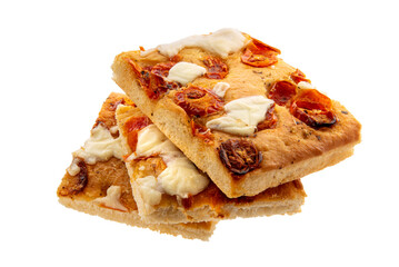 Pizza focaccia with cherry tomatoes and mozzarella, three slices stacked isolated