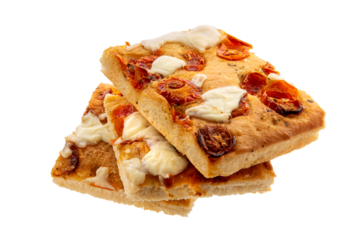 Pizza focaccia with cherry tomatoes and mozzarella, three slices stacked isolated