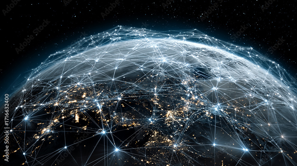 Poster global network connections illuminating earth at night a visualization of worldwide communication an