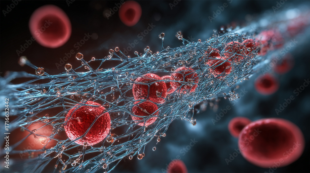 Poster red blood cells moving through a complex network of fibers microscopic view