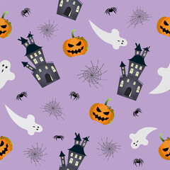 Halloween seamless pattern with spider, web, haunted house, ghost and carved pumpkin on light purple background. Vector illustration for holiday design, packaging, wrapping, textile.