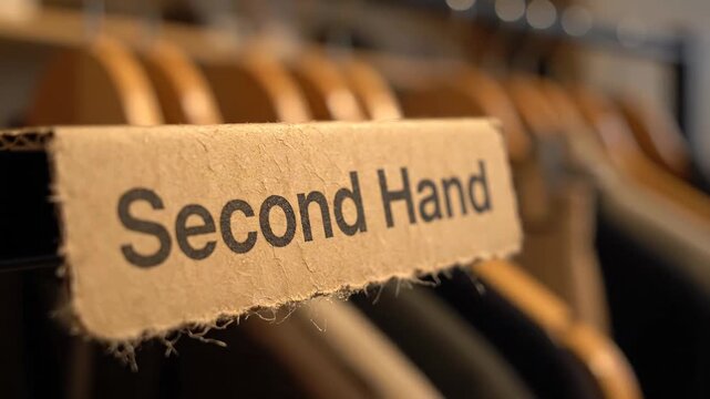 Close up shot of a vintage Second Hand sign attached to a rustic cardboard tag. Assorted clothing items are displayed on wooden hangers in a charming thrift store setting or flea market scene