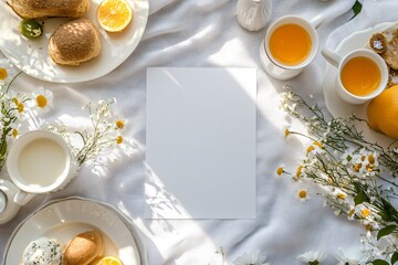 Food and drinks with flowers on a white cloth background with copy space.