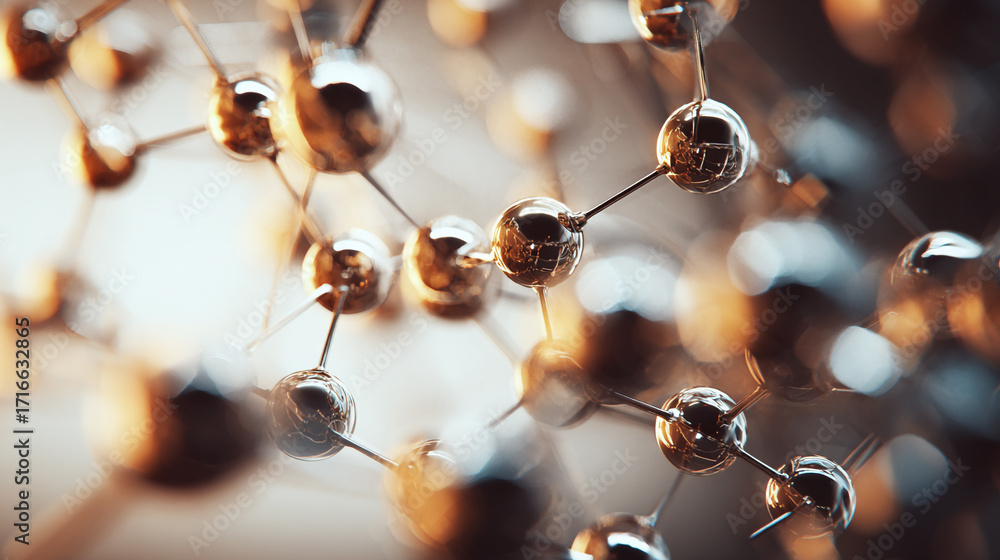 Poster abstract metallic spheres connected by rods forming a complex network a close up view