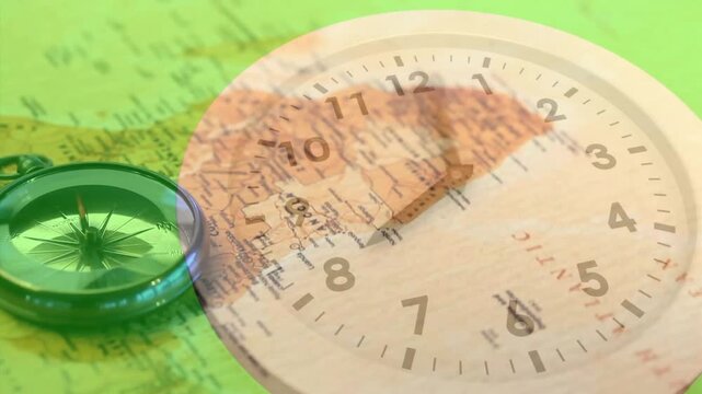 Fading in transparent wooden clock overlay, clock hands rotating over world map showing travel time - Powered by Adobe