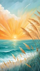 Vibrant ocean sunset with golden sunbeams illuminating the sky and gentle waves lapping the shore with tall grass in the foreground