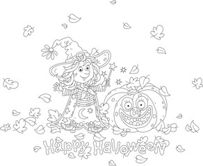 Happy little Halloween witch with her magic wand and a large smiling pumpkin among fallen autumn leaves, black and white vector cartoon illustration for a coloring book