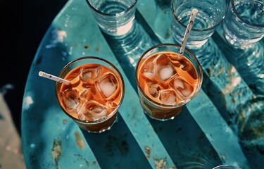 Refreshing Iced Drinks on a Sunny Table Outside a Cafe With Clear Glasses of Water