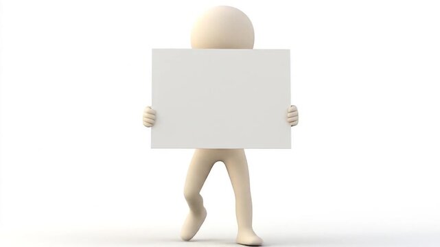 A simple 3D figure walking while holding a blank sign against a white background, ideal for customizable messages