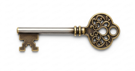 Ornate Antique Key with Intricate Scrollwork and Metallic Finish.