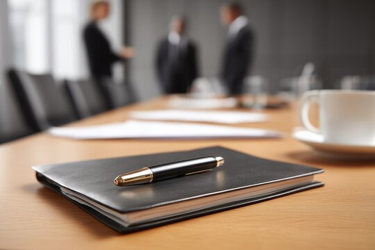A close-up of essential business items set against a backdrop of a corporate meeting.