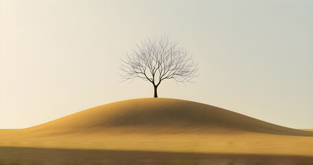 Solitary bare tree stands atop a gentle rolling hill under a soft muted hazy sky at dawn or dusk