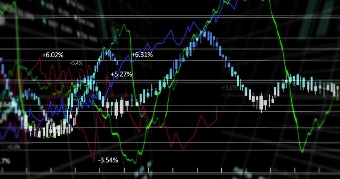 Opening black frame, animating chart bars and lines, highlighting dip, fading out, visualizing data