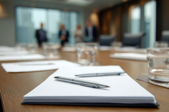 Explore a detailed view of a business meeting table showcasing preparation for discussions in a modern office.