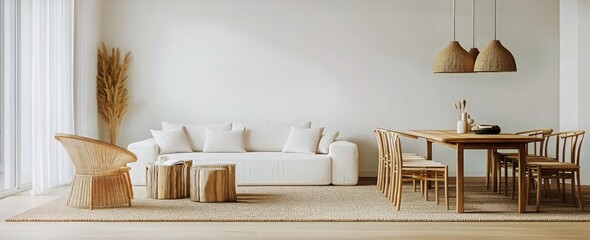 Cozy Living Space With Natural Decor and Inviting Dining Area Featuring Wooden Furniture