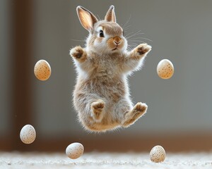 A playful bunny mid-leap, juggling Easter eggs