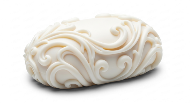 Ornate IvoryColored Object with Swirling Relief Patterns on Surface.