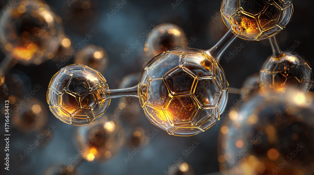 Poster golden glowing molecules connected forming a complex structure in a dark background