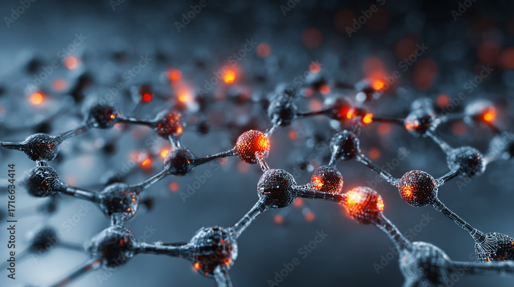 Poster microscopic network glowing nodes connected by lines intricate structure