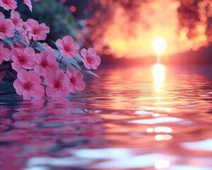 Pink flowers by a tranquil water sunset