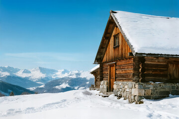 ski hut in the winter landscape of the ski area concept caba&ntilde;a de esqu&iacute; en el paisaje invernal del concepto de estaci&oacute;n de esqu&iacute; refuge de ski dans le paysage hivernal du concept de domaine skiable