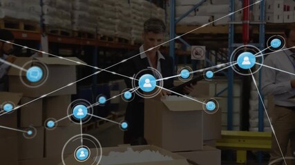 Center packer scanning items, initiating network overlay mapping workflows across warehouse - Powered by Adobe