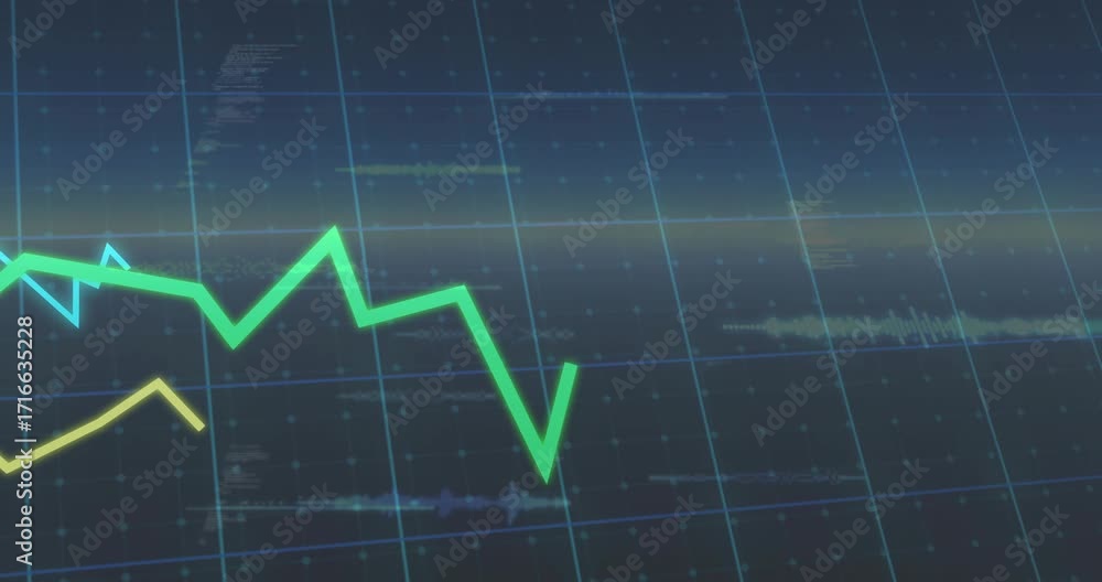 Poster fading grid revealing three colored data lines rising, dipping and oscillating showing live trends