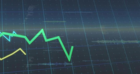 Fading grid revealing three colored data lines rising, dipping and oscillating showing live trends - Powered by Adobe