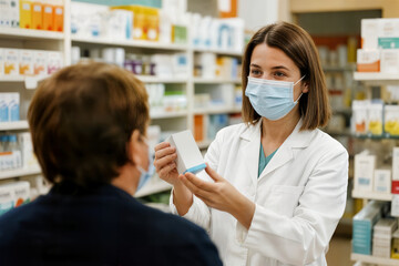 Obraz premium pharmacist serving customer at drug store concept mockup farmacéutico atendiendo a un cliente en una farmacia pharmacien servant un client dans une pharmacie eczane eczacı