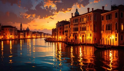 Naklejka premium Realistic sunset over Venice canal with gondolas and historic architecture symbolizing travel dreams, romance and timeless European culture