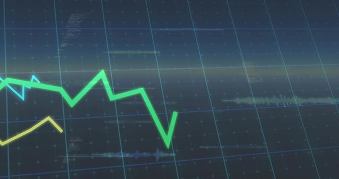 Fading grid revealing three colored data lines rising, dipping and oscillating showing live trends - Powered by Adobe